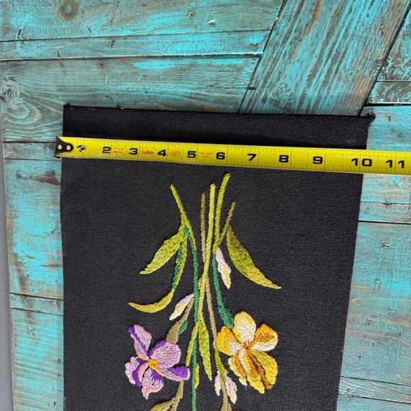 MCM Hand Embroidered Crewel Flower Black Background Unframed - Picture 7 of 9